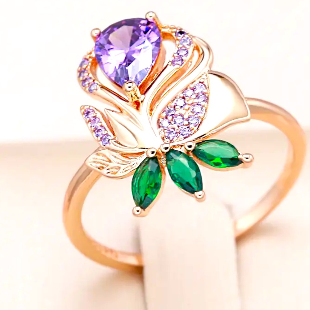 Purple and green zircon rose 14k rose gold plated ring